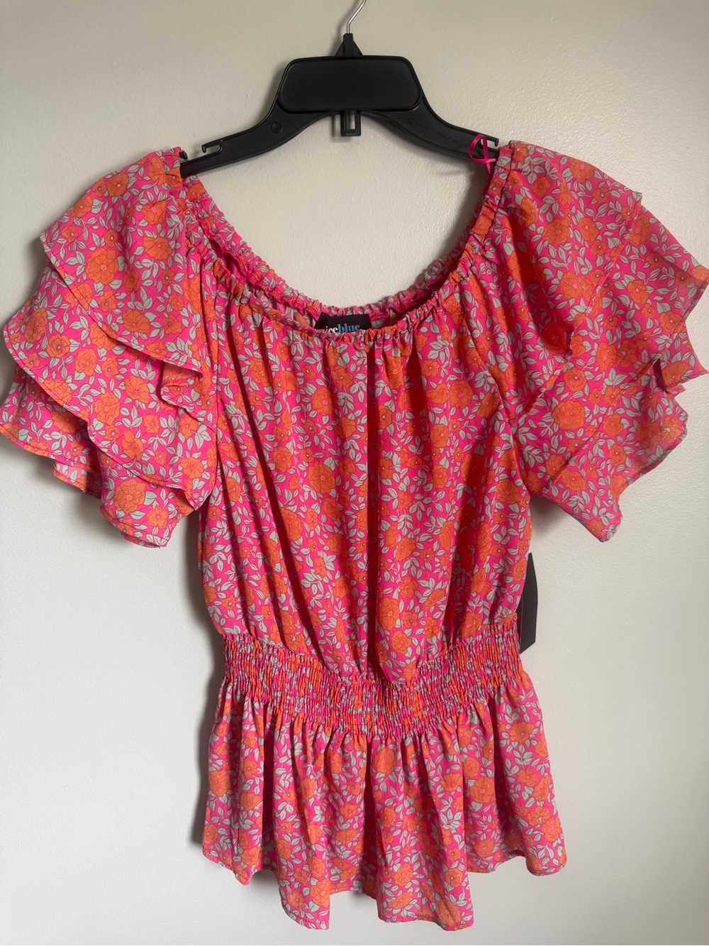 Alice Blue Bright Pink & Orange Floral Peplum Ruffle Sleeve Blouse Sz Small NWT